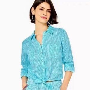Lilly Pulitzer 100% Linen Sea View Button Down Shirt Seabreeze Blue Gingham XL